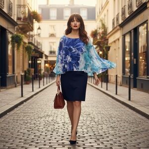 TanJay Blue Floral Chiffon Overlay Sheath Dress 12P